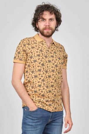 Qwerty Erkek Çiçek Desenli Slim Fit Polo Yaka T-Shirt 5452995 Hardal - 1