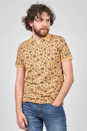 Qwerty Erkek Çiçek Desenli Slim Fit Polo Yaka T-Shirt 5452995 Hardal - 3