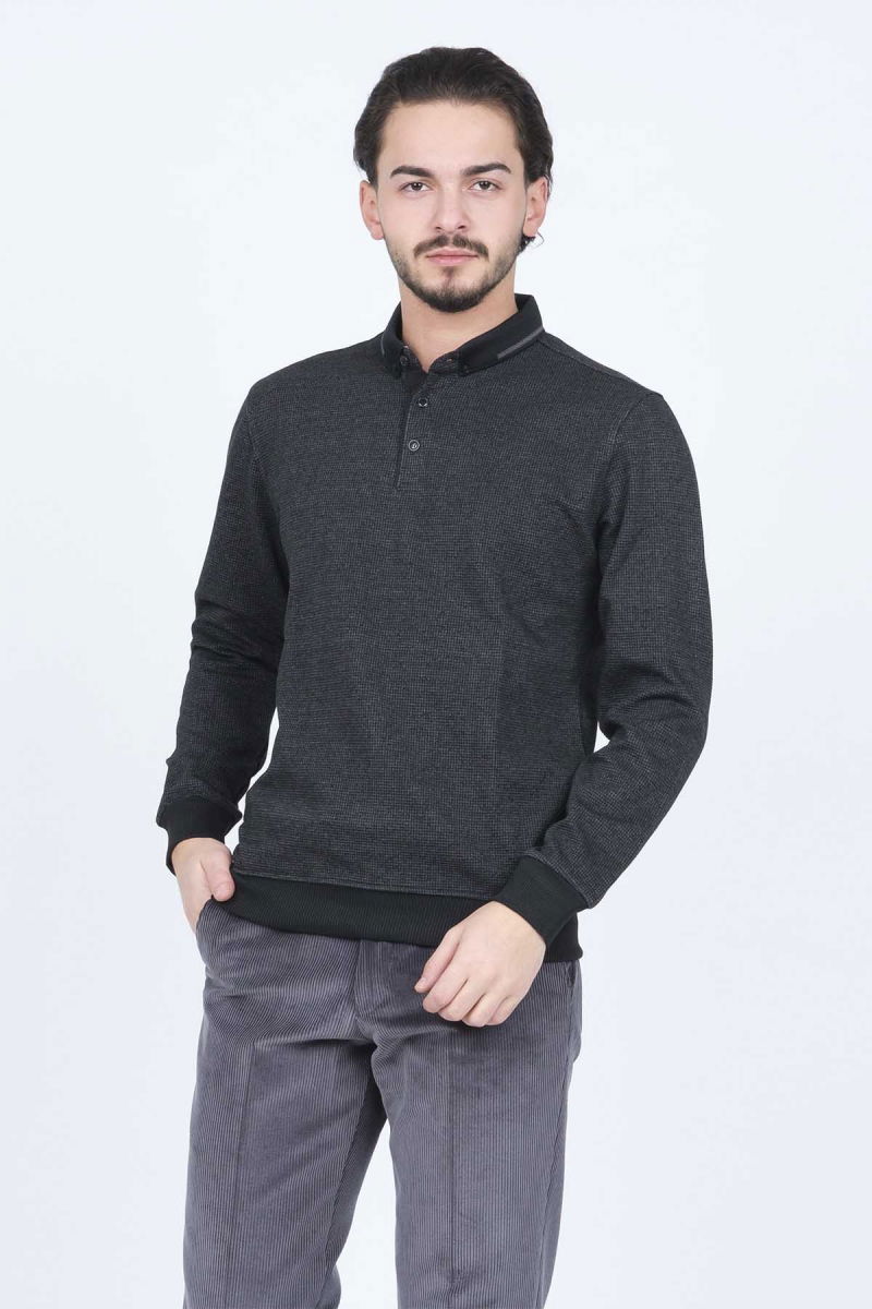 Raymons Erkek Desenli Polo Yaka Triko Sweat 6782254 Siyah - 1