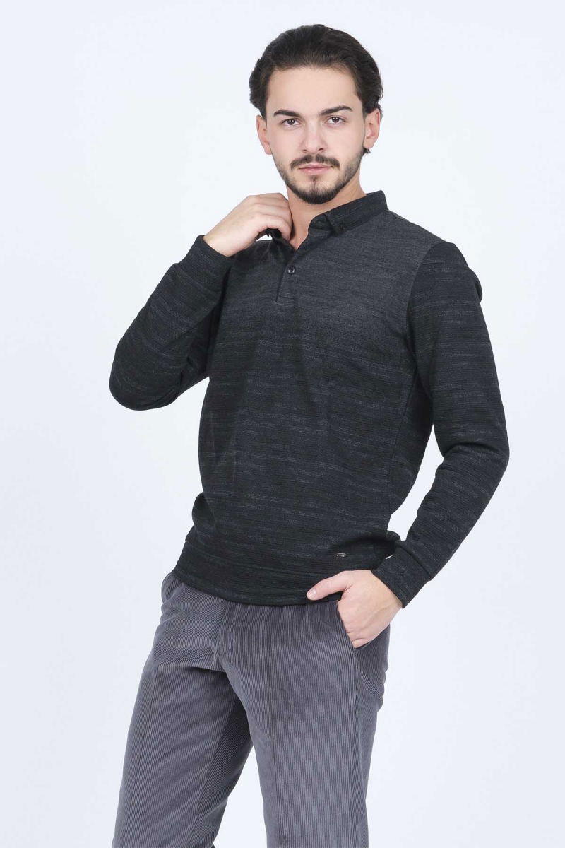 Raymons Erkek Desenli Polo Yaka Triko Sweat 6782257 Siyah - 3