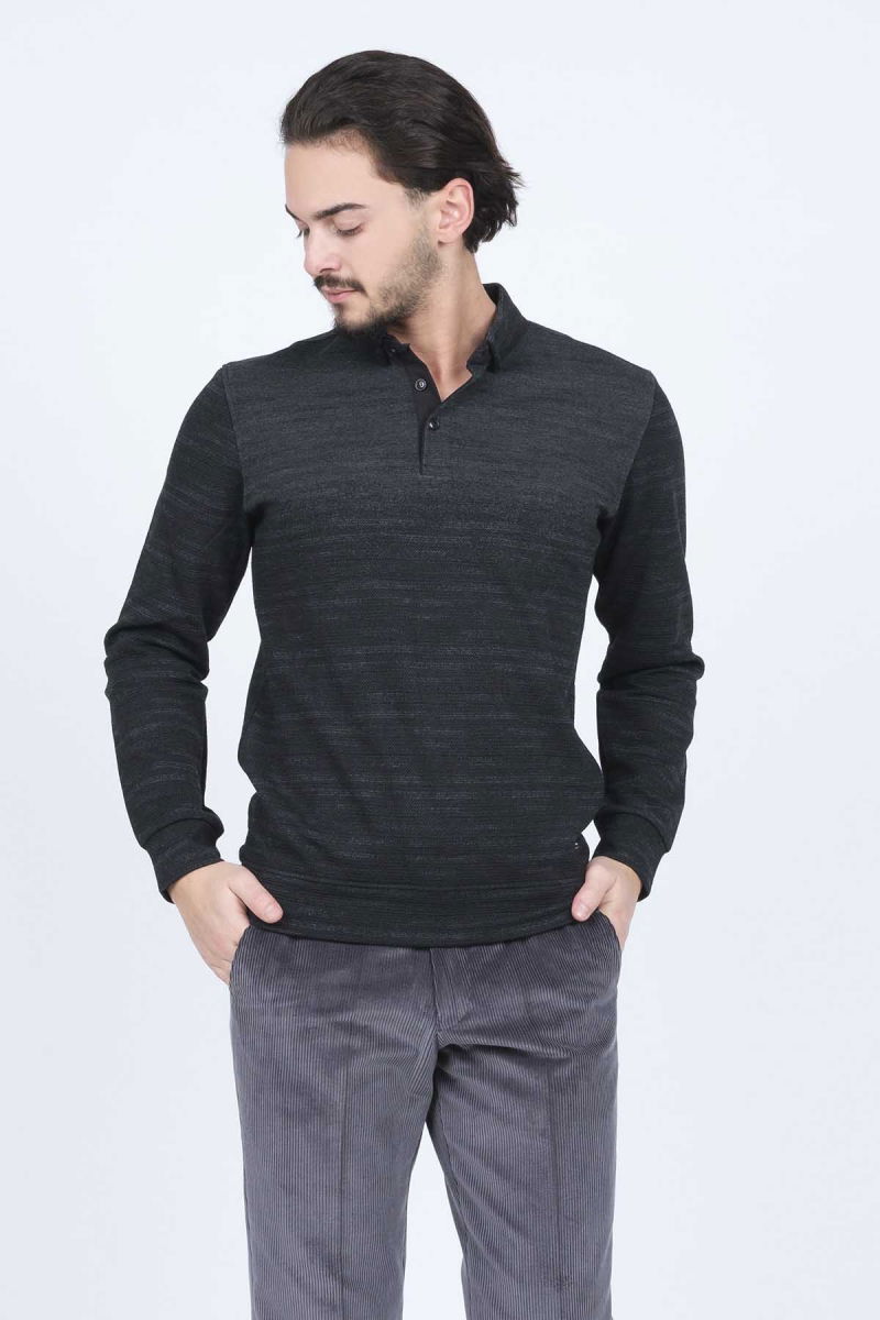 Raymons Erkek Desenli Polo Yaka Triko Sweat 6782257 Siyah - 4