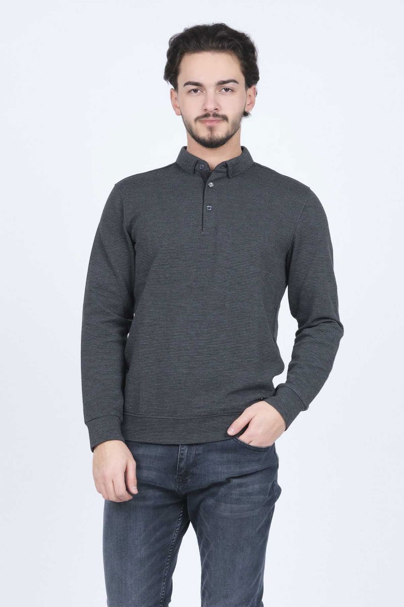 Raymons Erkek Desenli Polo Yaka Triko Sweat 6782258 Siyah - 1