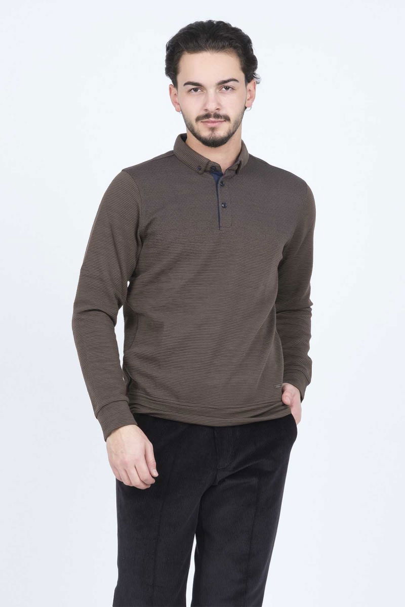 Raymons Erkek Desenli Polo Yaka Triko Sweat 6782258 Vizon - 4