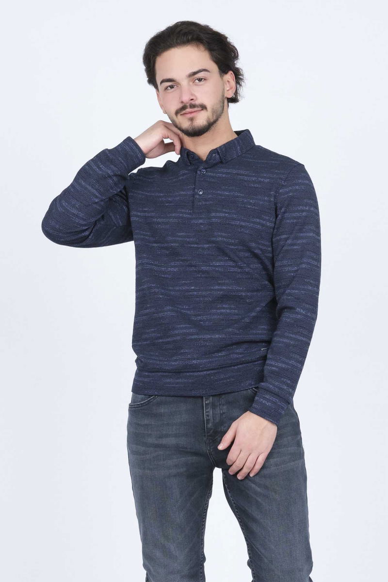 Raymons Erkek Desenli Polo Yaka Triko Sweat 6782273 Indigo - 3