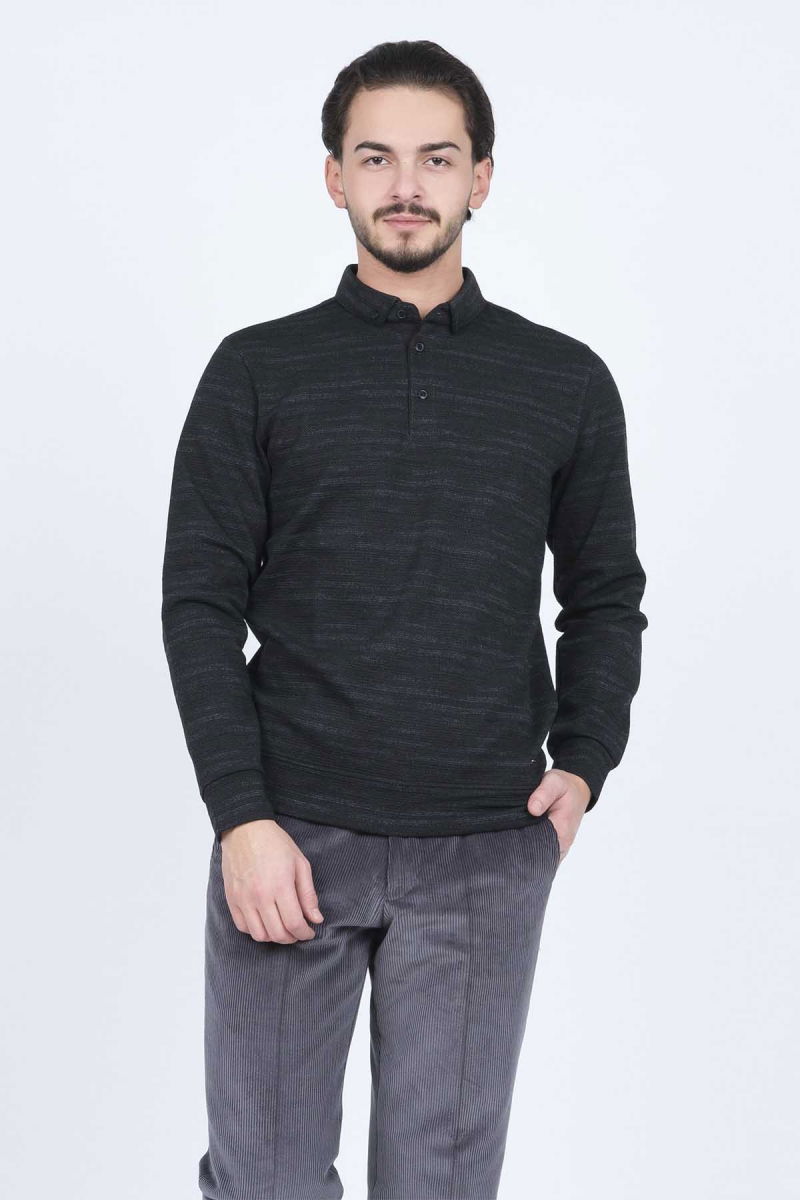 Raymons Erkek Desenli Polo Yaka Triko Sweat 6782273 Siyah - 1