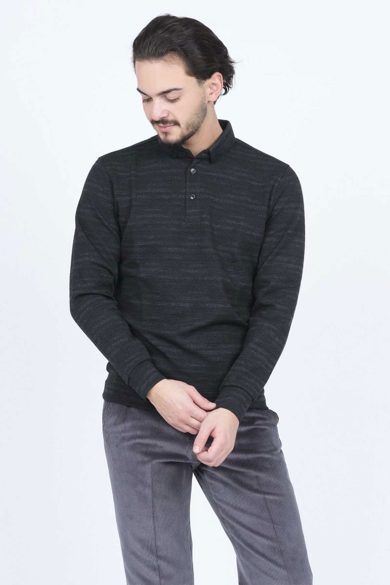 Raymons Erkek Desenli Polo Yaka Triko Sweat 6782273 Siyah - 2