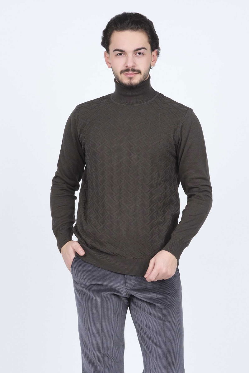 Raymons Erkek Desenli Tam Balıkçı Triko Kazak 67822507 Haki - 3