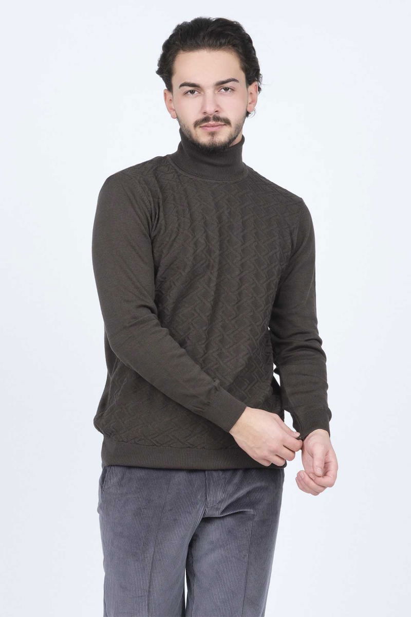 Raymons Erkek Desenli Tam Balıkçı Triko Kazak 67822507 Haki - 4