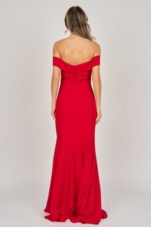 Renk Kadın Düşük Omuz Abiye Elbise 5044902 Kırmızı - 4