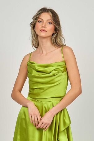 Renk Kadın İp Askılı Derin Yırtmaçlı Abiye Elbise 5045014 Yeşil - 2