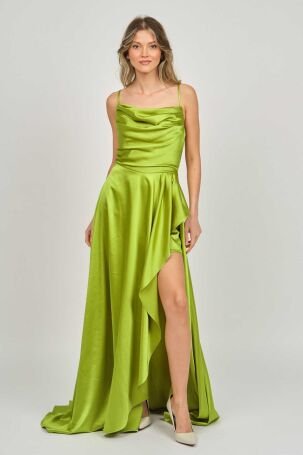 Renk Kadın İp Askılı Derin Yırtmaçlı Abiye Elbise 5045014 Yeşil - 1