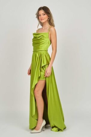 Renk Kadın İp Askılı Derin Yırtmaçlı Abiye Elbise 5045014 Yeşil - 3