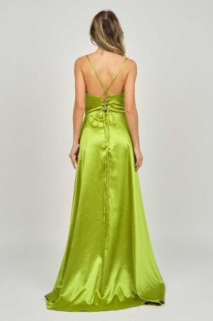 Renk Kadın İp Askılı Derin Yırtmaçlı Abiye Elbise 5045014 Yeşil - 4
