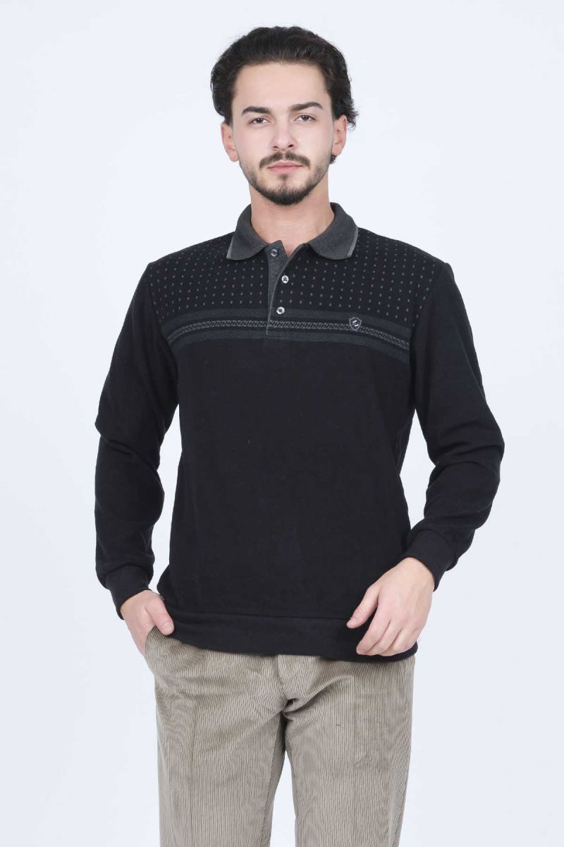 Rey Polo Erkek Desenli Polo Yaka Triko Sweat 6741251 Siyah - 1