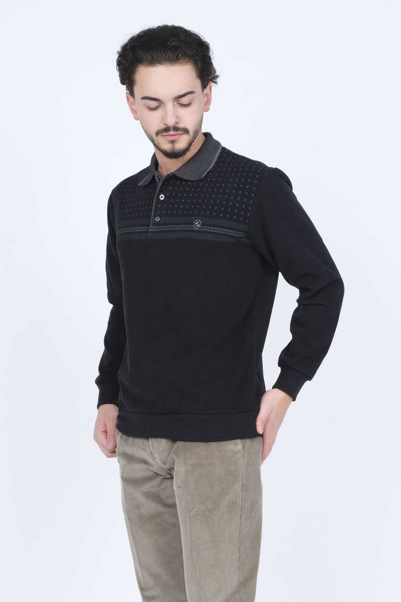 Rey Polo Erkek Desenli Polo Yaka Triko Sweat 6741251 Siyah - 2