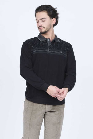 Rey Polo Erkek Desenli Polo Yaka Triko Sweat 6741251 Siyah - 3