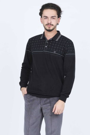 Rey Polo Erkek Desenli Polo Yaka Triko Sweat 6741254 Siyah - 1