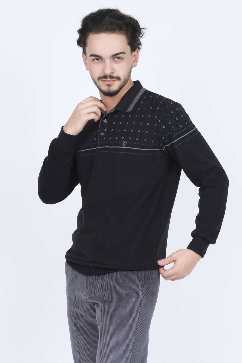 Rey Polo Erkek Desenli Polo Yaka Triko Sweat 6741254 Siyah - 2