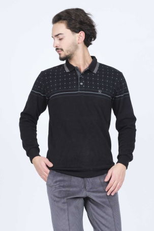 Rey Polo Erkek Desenli Polo Yaka Triko Sweat 6741254 Siyah - 3