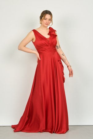 Saygın Kadın Fırfır Detaylı Geniş Askılı Uzun Abiye Elbise 1414 Kırmızı - 1