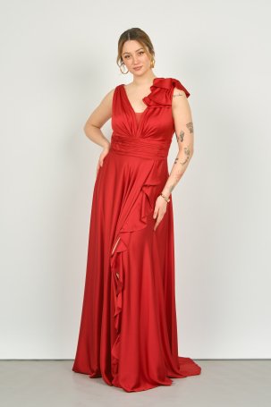 Saygın Kadın Fırfır Detaylı Geniş Askılı Uzun Abiye Elbise 1414 Kırmızı - 2