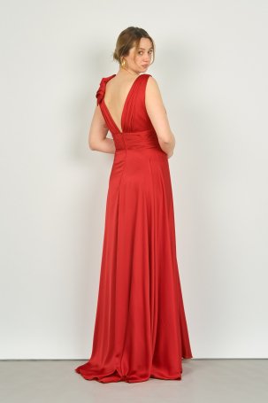 Saygın Kadın Fırfır Detaylı Geniş Askılı Uzun Abiye Elbise 1414 Kırmızı - 4