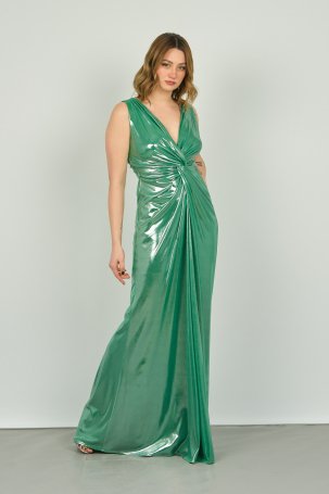 Saygın Kadın Geniş Askılı Bel Kısmı Drapeli Parlak Uzun Abiye Elbise 3479 Benetton - 1