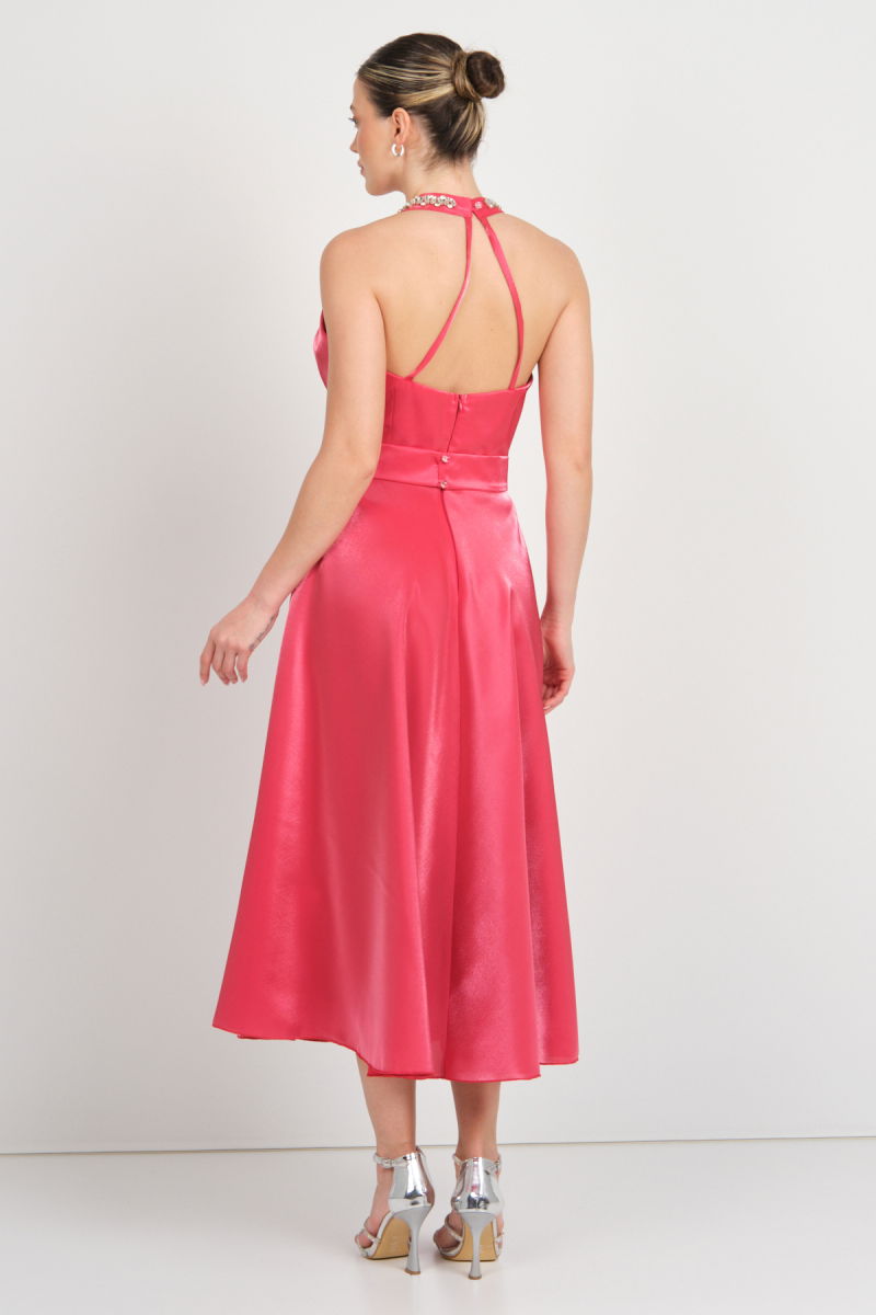 Saygın Kadın Halter Yaka Saten Midi Abiye Elbise 5624 Kırmızı - 5