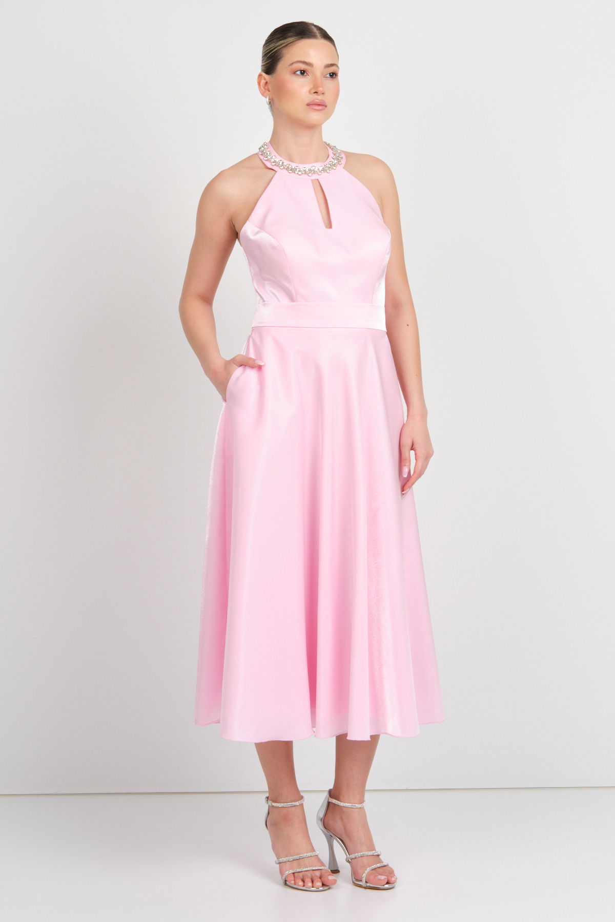 Saygın Kadın Halter Yaka Saten Midi Abiye Elbise 5624 Pembe - 1