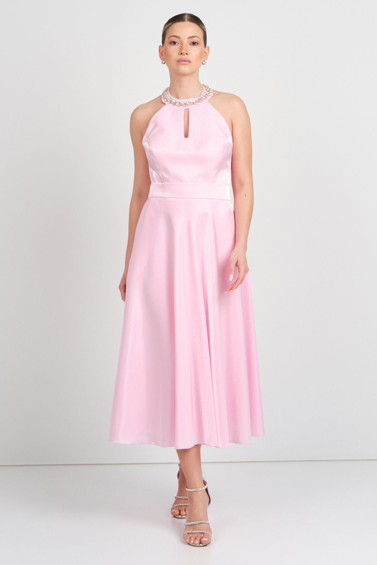 Saygın Kadın Halter Yaka Saten Midi Abiye Elbise 5624 Pembe - 2