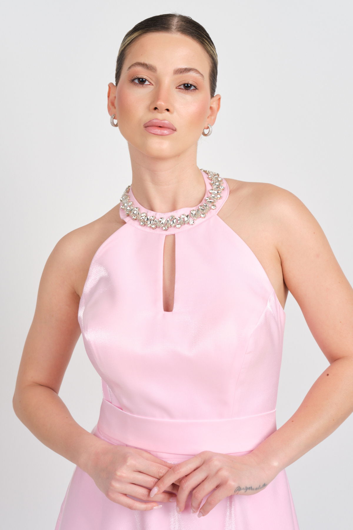 Saygın Kadın Halter Yaka Saten Midi Abiye Elbise 5624 Pembe - 3