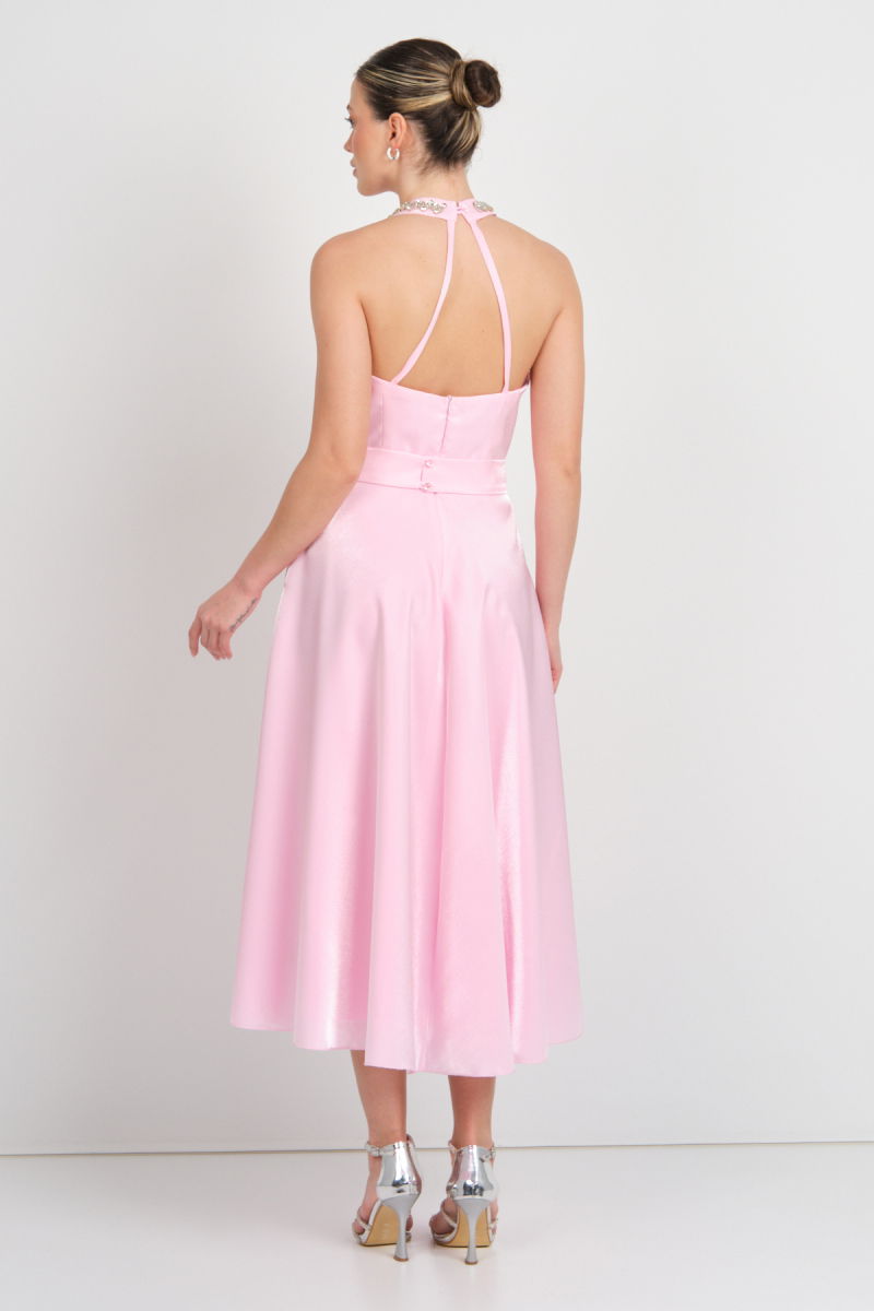 Saygın Kadın Halter Yaka Saten Midi Abiye Elbise 5624 Pembe - 4