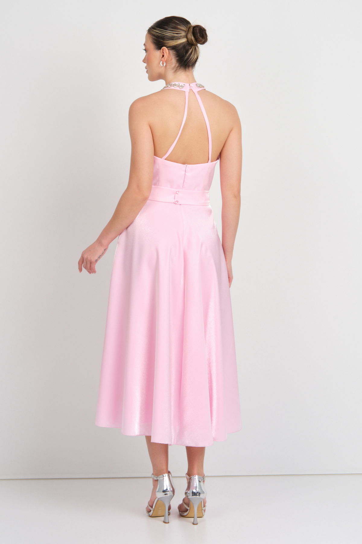 Saygın Kadın Halter Yaka Saten Midi Abiye Elbise 5624 Pembe - 4