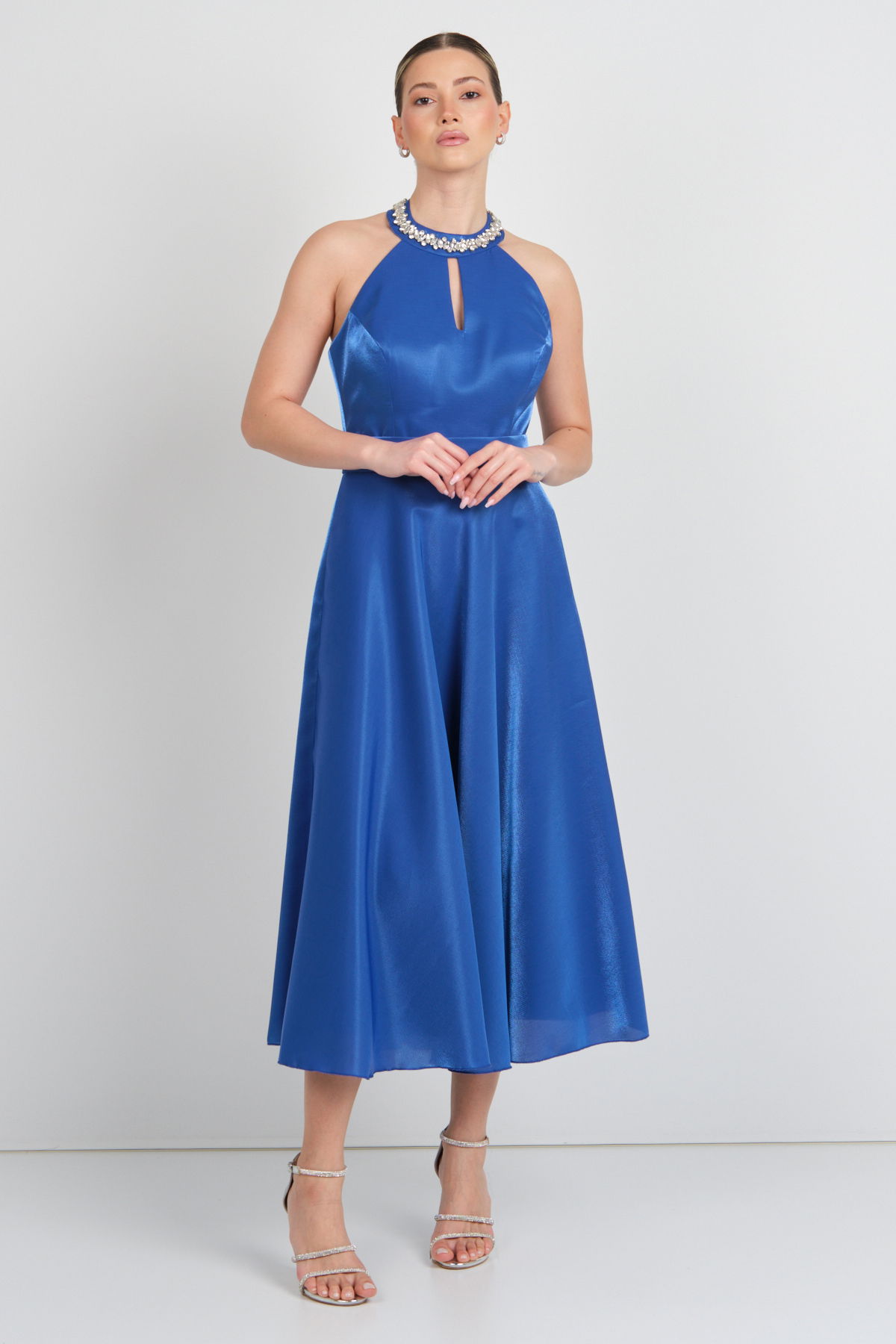 Saygın Kadın Halter Yaka Saten Midi Abiye Elbise 5624 Saks - 1
