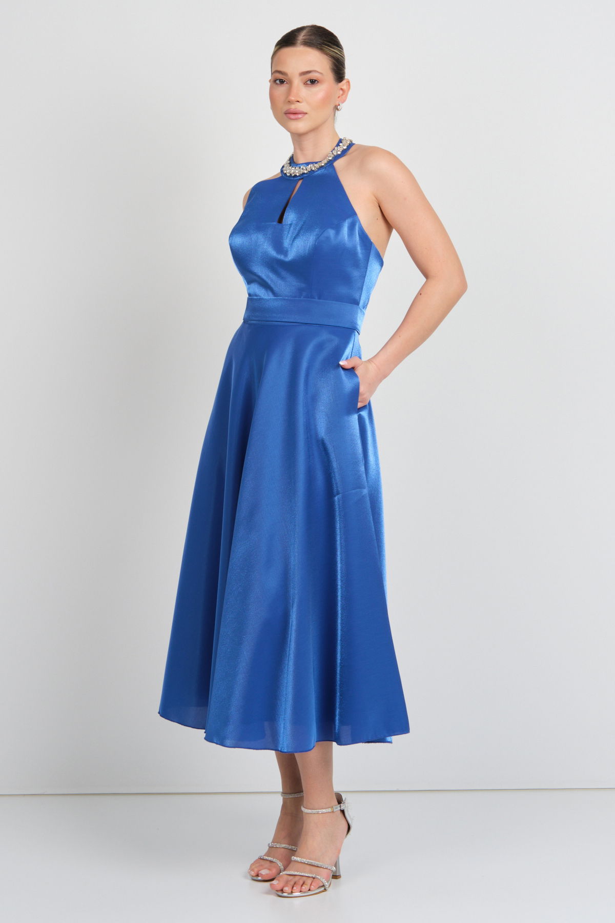 Saygın Kadın Halter Yaka Saten Midi Abiye Elbise 5624 Saks - 2