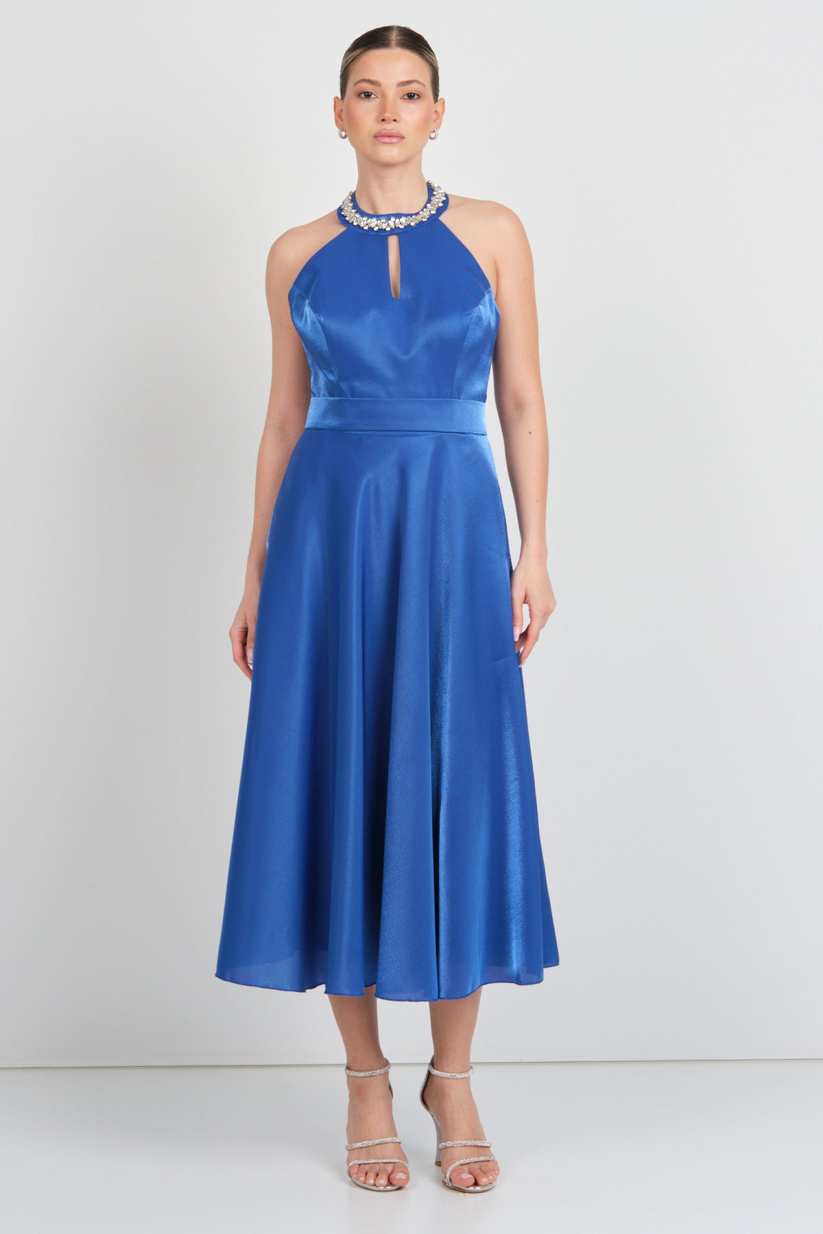 Saygın Kadın Halter Yaka Saten Midi Abiye Elbise 5624 Saks - 3