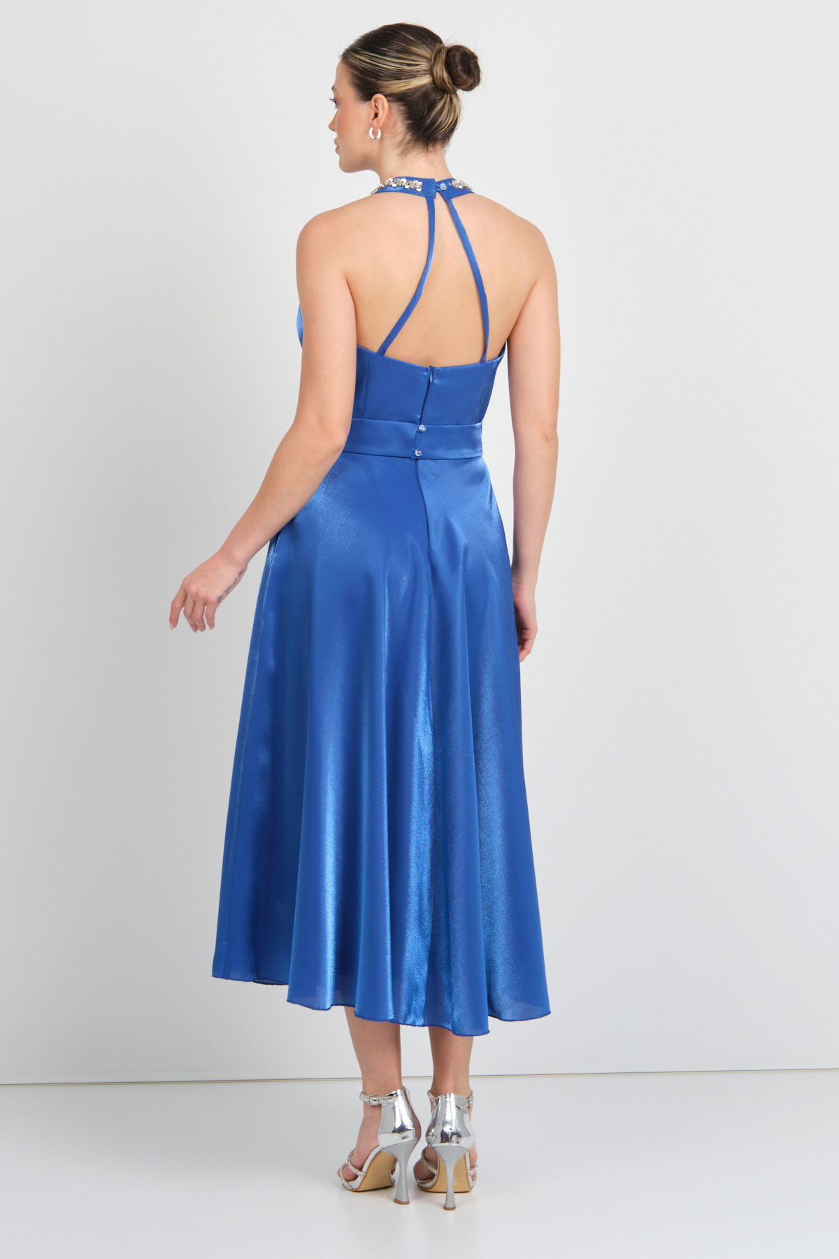 Saygın Kadın Halter Yaka Saten Midi Abiye Elbise 5624 Saks - 5