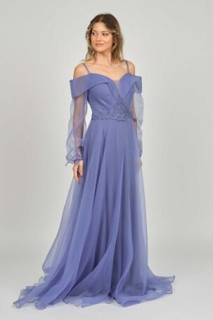 Saygın Kadın İşlemeli Tül Detaylı Abiye Elbise 0991373 Mavi - 1
