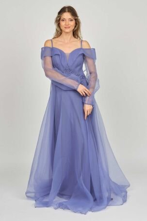 Saygın Kadın İşlemeli Tül Detaylı Abiye Elbise 0991373 Mavi - 3