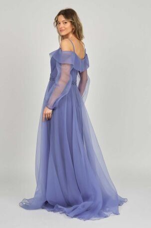 Saygın Kadın İşlemeli Tül Detaylı Abiye Elbise 0991373 Mavi - 4