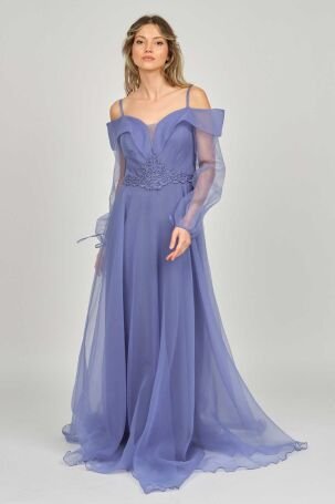 Saygın Kadın İşlemeli Tül Detaylı Abiye Elbise 0991373 Mavi - 6
