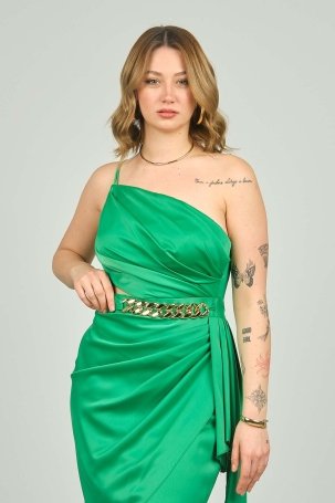 Saygın Kadın Tek Omuz İp Askılı Zincir Detaylı Abiye Elbise 0489 Benetton - 2