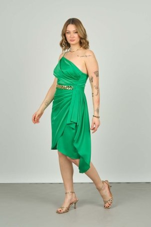 Saygın Kadın Tek Omuz İp Askılı Zincir Detaylı Abiye Elbise 0489 Benetton - 4