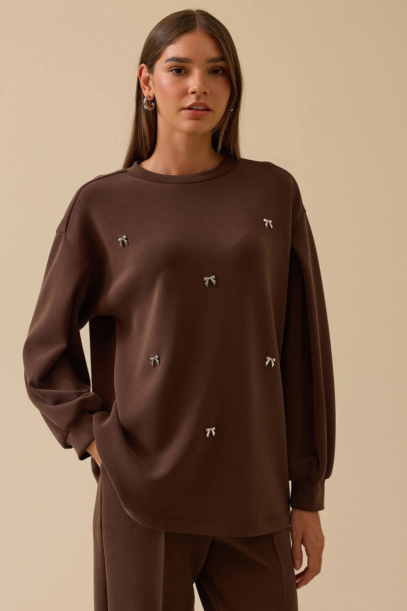 Seçil Kadın Aksesuar Detaylı Bol Kol Sweatshirt 0002 Kahverengi - 2