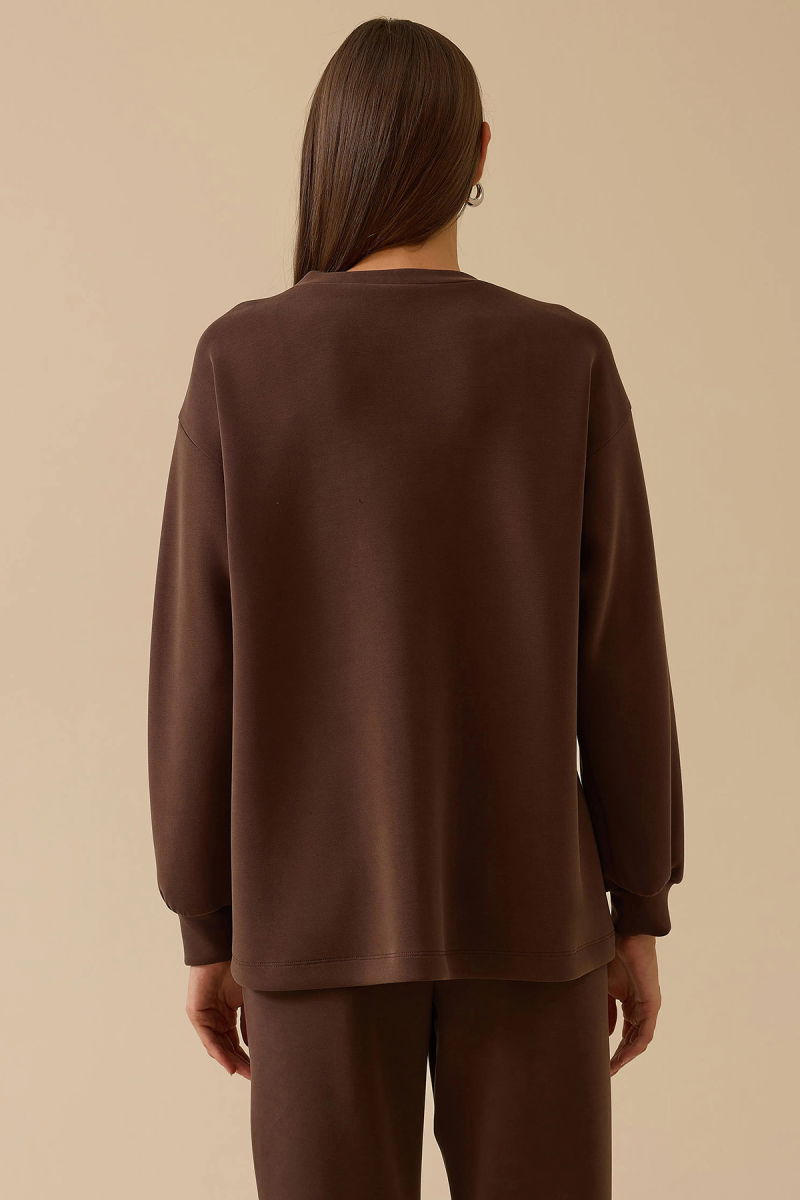Seçil Kadın Aksesuar Detaylı Bol Kol Sweatshirt 0002 Kahverengi - 4