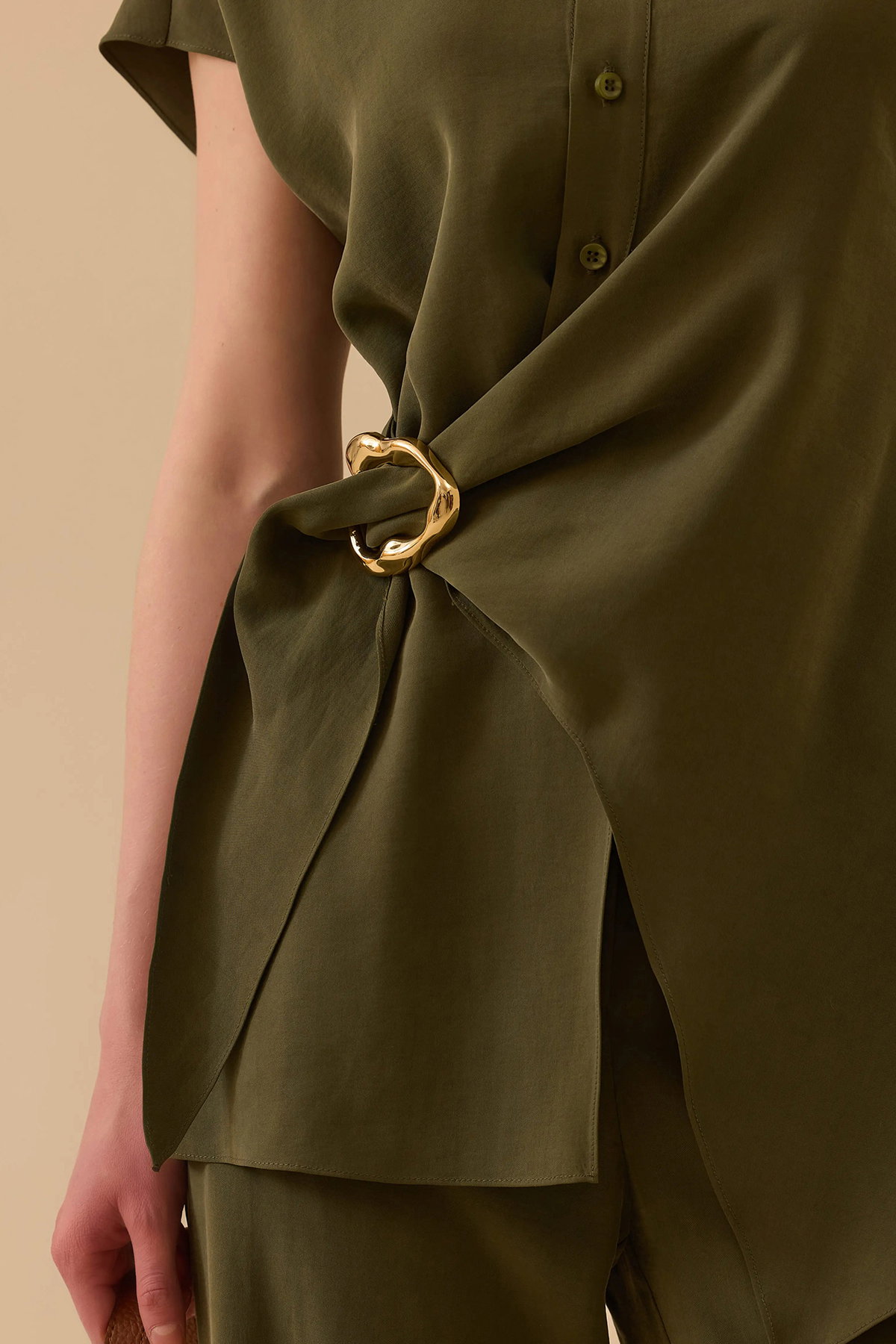 Seçil Kadın Bağlama Detaylı Tokalı Gömlek 0014 Haki - 3
