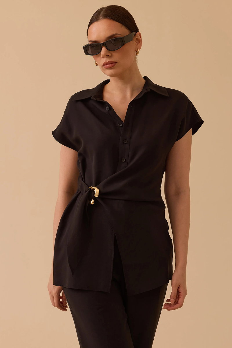 Seçil Kadın Bağlama Detaylı Tokalı Gömlek 0014 Siyah - Seçil