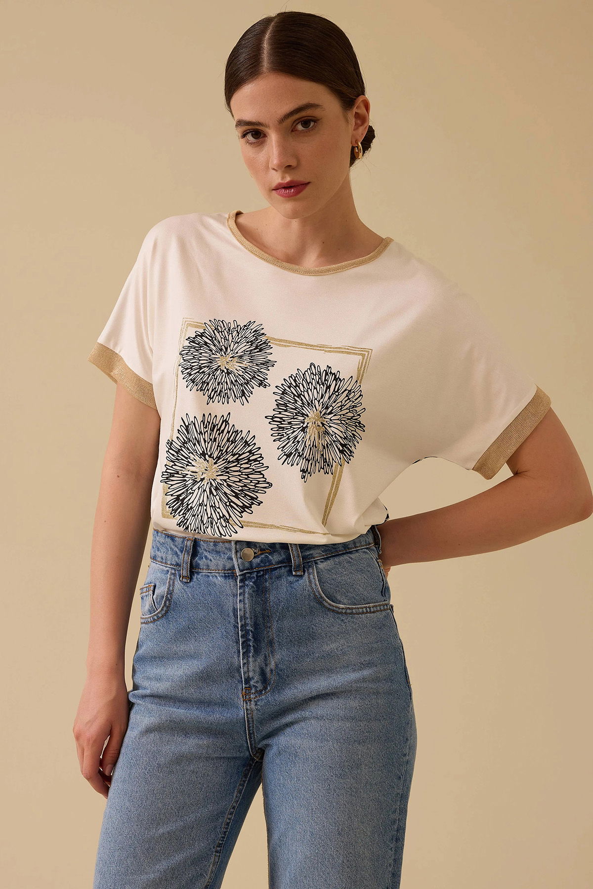 Seçil Kadın Baskılı Kısa Kollu T-Shirt 0011 Ekru - 2