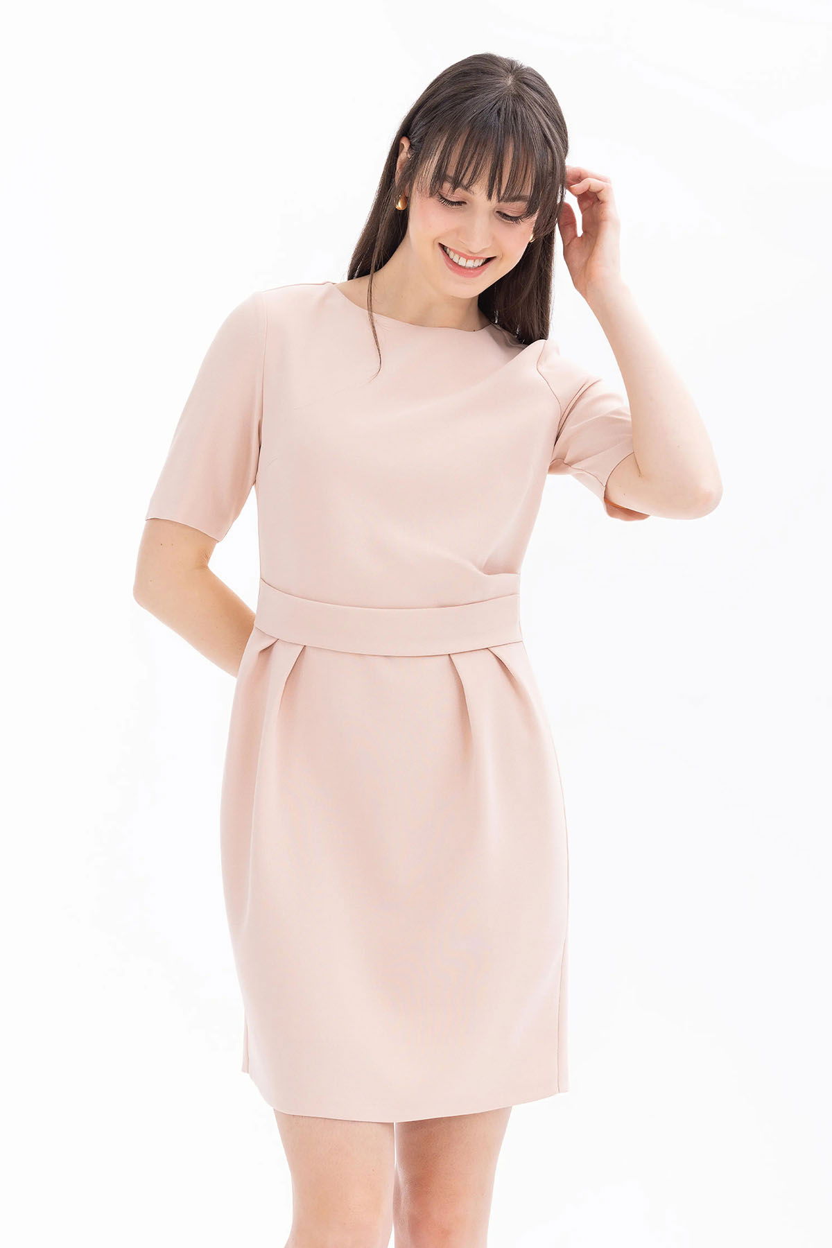 Seçil Kadın Bel Detaylı Kısa Kol Krep Kumaş Elbise 1041 Pudra - 1