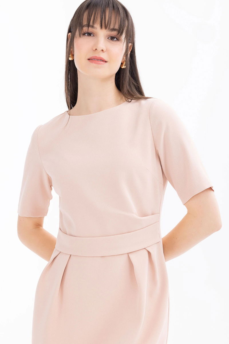 Seçil Kadın Bel Detaylı Kısa Kol Krep Kumaş Elbise 1041 Pudra - 2